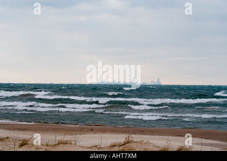 Chicago skyline as seen from a beach in Gary, Indiana Stock Photo