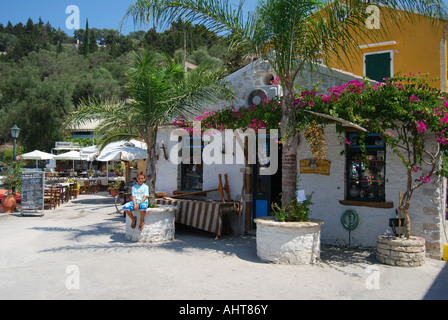 Restaurant on harbour, Lakka, Paxos, Ionian Islands, Greece Stock Photo