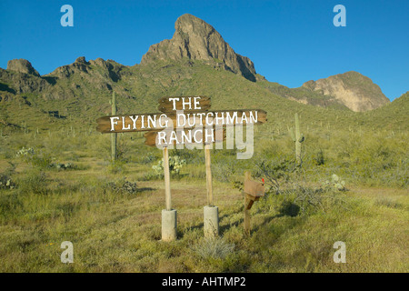 A sign directing travelers to the Flying Dutchman Ranch near Picacho Peak State Park North of Tucson AZ Stock Photo