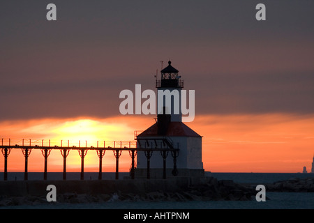 Lighthouse at Washington Park in Michigan City, Indiana during a colorful sunset Stock Photo