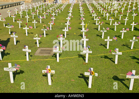 Mock grave markers of US soldiers who died in Iraq war at Arlington West Santa Barbara CA Stock Photo