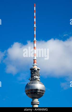 Vertical view of the TV tower 'Fernsehturm' situated in Alexanderplatz on a bright sunny day. Stock Photo