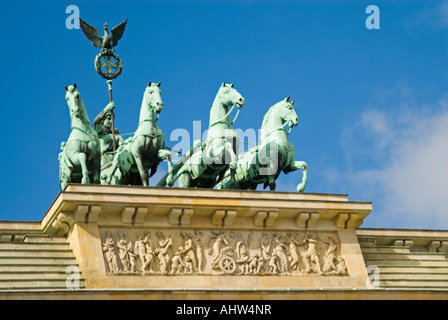 Horizontal close up of the Goddess of victory statue adourning the top of the Brandenburg Gate on Pariser Platz in the sunshine Stock Photo