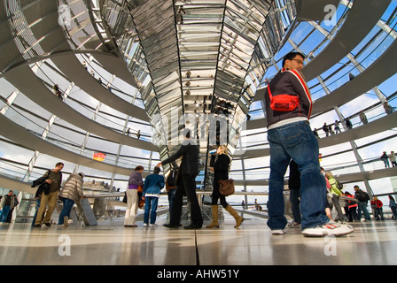 Horizontal wide angle of tourists inside Sir Norman Foster's glass dome on top of the Reichstag. Stock Photo