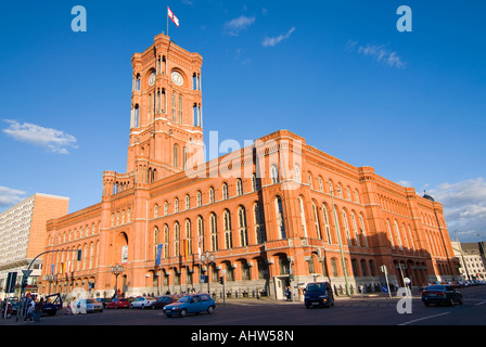 Horizontal wide angle of the distinctive Rotes Rathaus 'Red Town Hall' on a bright sunny day. Stock Photo