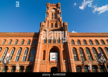 Horizontal wide angle of the distinctive front entrance of the Rotes Rathaus 'Red Town Hall' on a bright sunny day. Stock Photo