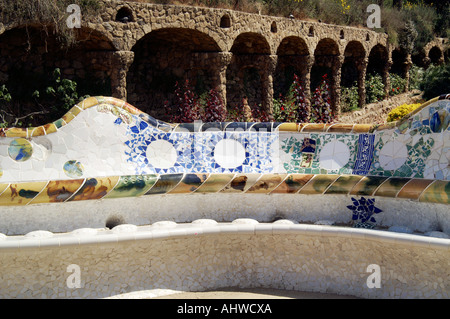 Parc Guell, famous curved wavy bench seat Stock Photo