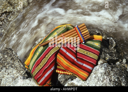 PAN PIPES with locally woven cloth near Cuzco in Peru Stock Photo
