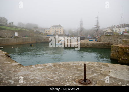 Charlestown, Cornwall, UK, Harbour on a Foggy Morning Stock Photo