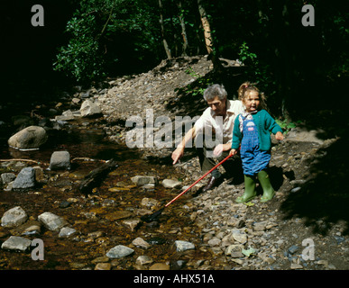 Young girl fishing in the Bowlees Beck at Bowlees picnic area, above Middleton-in-Teesdale, upper Teesdale, England, UK. Stock Photo