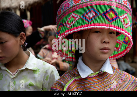 Women from the Flower Hmong Hill Trlbe, Coc Li Market, near Sapa, Vietnam Stock Photo