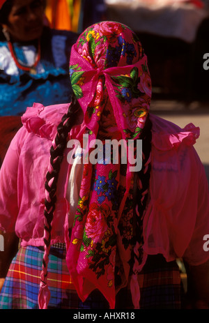 Mexican woman, headdress, open-air market, village, Tlacolula de Matamoros, Tlacolula, Oaxaca State, Mexico Stock Photo