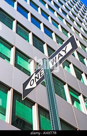 Low angle view of One Way sign Stock Photo