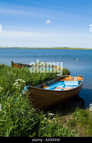dh Loch of Harray HARRAY ORKNEY Anglers fishing boat on shore fresh peaceful scottish lake angling uk