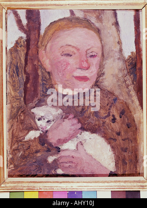 'fine arts, Modersohn-Becker, Paula (1876 - 1907), painting, 'Mädchen mit Lamm', Osthaus Museum, Hagen, girl with lamb, German Stock Photo