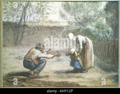 'fine arts, Millet, Jean-Francois (1814 - 1875), drawing, 'The First Steps', private collection, Augsburg, French, realism, Sc
