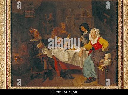 fine arts, Metsu, Gabriel (1629 - 1667): painting, The Celebration of Beans, oil on canvas, Alte Pinakothek, Munich, people, fes Stock Photo
