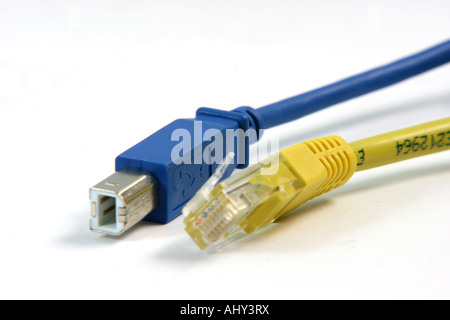 two cables blue and yellow usb ethernet Stock Photo