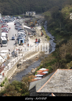 Aerial view of Boscastle. Showing work on the car park. North Cornwall. England. Stock Photo