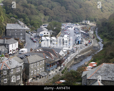 Aerial view of Boscastle. Showing work progress on the car park. North Cornwall. England. Stock Photo