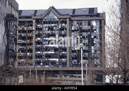 1996 Docklands South Quay bombing near Canary Wharf office buildings damaged by IRA terrorist bomb explosion in Tower Hamlets East London England UK Stock Photo