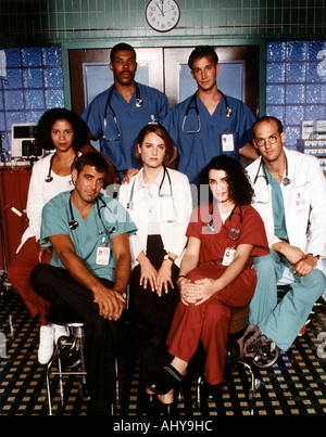 ER US TV series with George Clooney front left and Noah Wyle Sherry Stringfield Anthony Edwrads Julianna Margulles Gloria Reuben Stock Photo