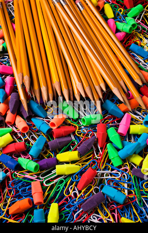 Pencils erasers and paperclips Stock Photo