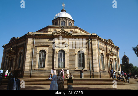 Devotees outside an Ethiopian Coptic Christian Church, Addis Ababa, Ethiopia Stock Photo