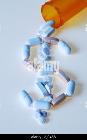 Pills poured out of pill bottle forming dollar sign