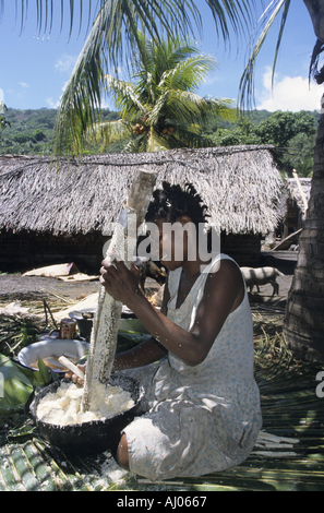 Woman preparing traditional laplap dishes, Sulphur Bay Village, Ipekel Ipeukel, Tanna Island, Vanuatu. Stock Photo