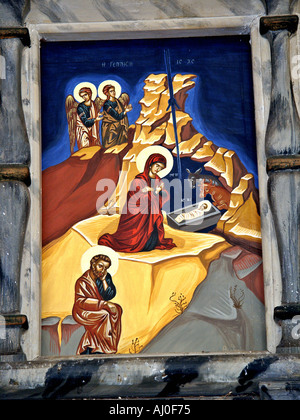 Birth of Jesus Christ wall illustrations old church Crete Krete island Greece Stock Photo