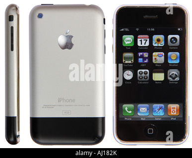 The original Apple iPhone, side, back and front view, on a white background. Stock Photo