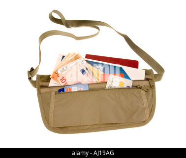 travel requisites bag box belly bag bum bag fanny pack passport tickets money cash wallet outdoor Stock Photo
