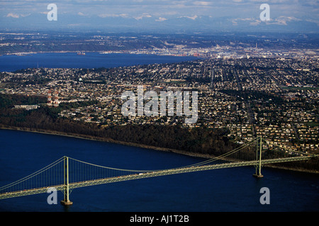 Aerial View Tacoma Narrows Suspension Bridge With Tacoma Washington And Cascade Mountains In Background Stock Photo