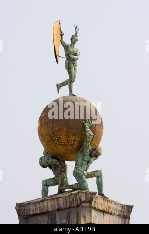 Weathervane figure of Fortuna and two bronze Atlases atop the Dogana di Mare in the Dorsoduro district of Venice Italy Stock Photo