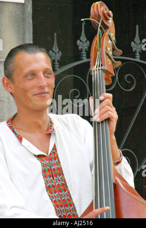 Russian street performers in Spain bass player Stock Photo