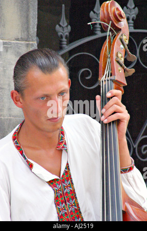 Russian street performers in Spain bass player Stock Photo