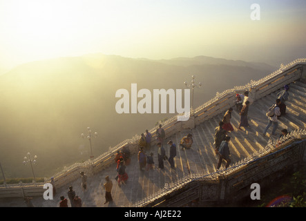 Stairway to the Buddhist pilgrimage site Golden Rock Kyaiktiyo Paya in Myanmar. Stock Photo