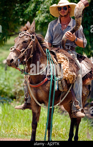 Traditional Pantanal Cowboy, Peao Pantaneiro, on cattle herding duty with traditional horn in the UNESCO Pantanal Wetlands Stock Photo