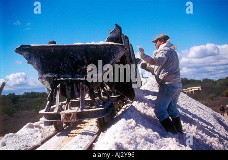 Worker of a salt exploitation plateau at Salinas Grandes in Cordoba Argentina Stock Photo
