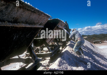 Worker of a salt exploitation plateau at Salinas Grandes in Cordoba Argentina Stock Photo