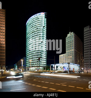 A 2 picture stitch panoramic image of the redeveloped area around Potsdamer Platz and car light trails at night. Stock Photo