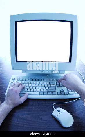 Computer with hands on keyboard Stock Photo