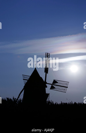 The windmill Moulin Saint Pierre de la Fage silhouetted behind lavender bushes on the Larzac plateau in the l Herault region of Stock Photo