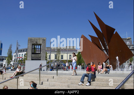 steps leading up to the The Quincentennial Fountain on the green Eyre Square in the heart of Galway city Stock Photo