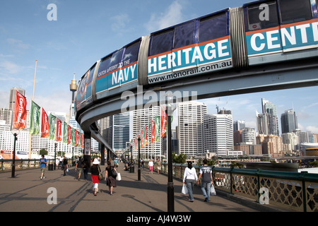 People on Pyrmont Bridge in Darling Harbour with monorail and city centre business district buildings in Sydney New South Wales Stock Photo