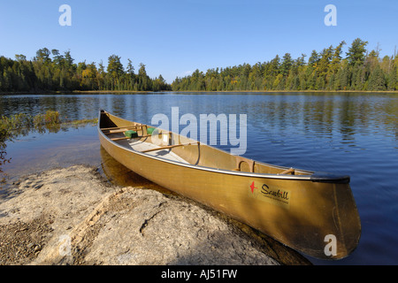 Canoe on Octopus Lake, Boundary Waters Canoe Area Wilderness, Superior National Forest, Minnesota, USA Stock Photo