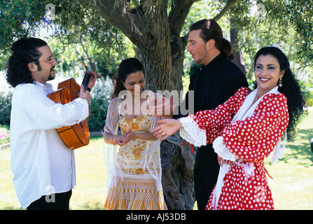 Spanish Flamenco group playing and dancing under an olive tree Spain Stock Photo