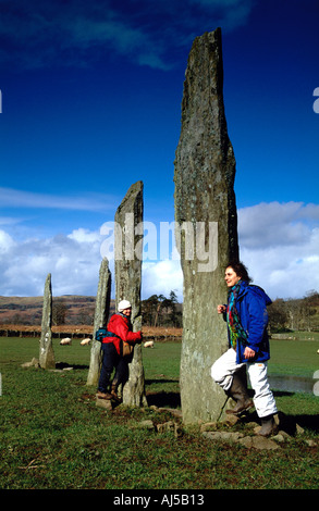 Two women leaning against Ballymeanoch Standing Stones Stock Photo