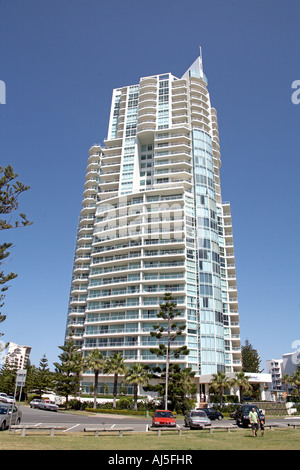 Tall modern appartment of unit tower block with trees in Surfers Paradise Queensland QLD Australia Stock Photo